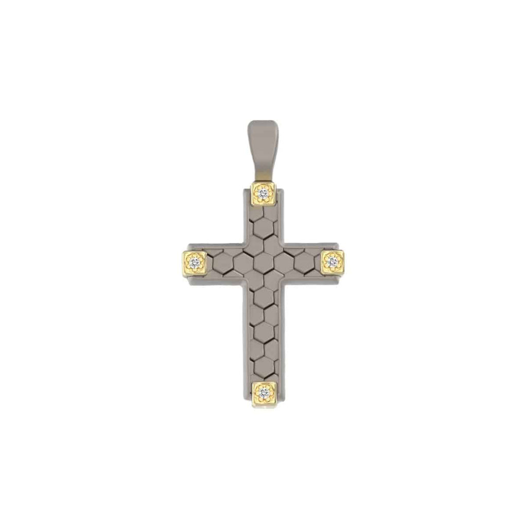 Pendente a croce in oro 18 kt e titanio texture esagonale a nido d’ape con pietre laterali