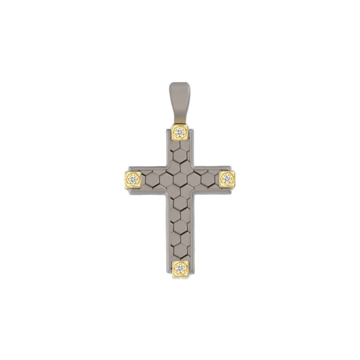 Pendente a croce in oro 18 kt e titanio texture esagonale a nido d’ape con pietre laterali