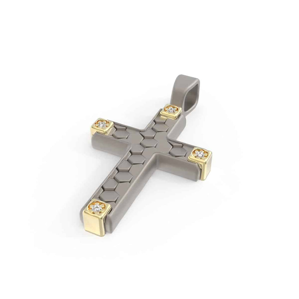 Pendente a croce in oro 18 kt e titanio texture esagonale a nido d’ape con pietre laterali